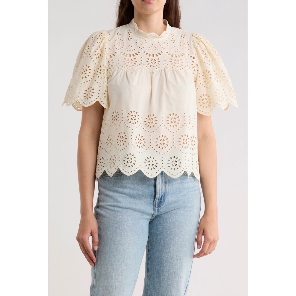 T Tahari Womens Cream Cotton Eyelet Embroidered Mock Neck Blouse Small NWT